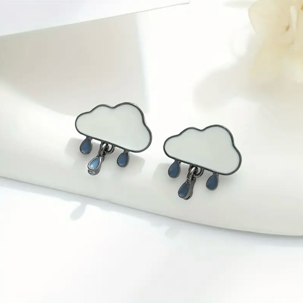 Stormy Skies- Rain Drop Cloud Blue White Enamel Dainty Mini Dangle Gunmetal Stud - Picture 2 of 14